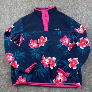 LANDS END Girls Heritage Fleece Snap Neck Sweatshirt Blue/Pink Floral Hibiscus M